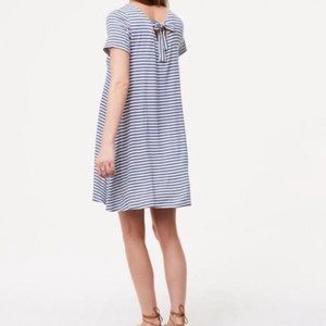 Loft White Blue Horizontal Striped T-Shirt Swing Dress Bow Back Tie sz XS EUC